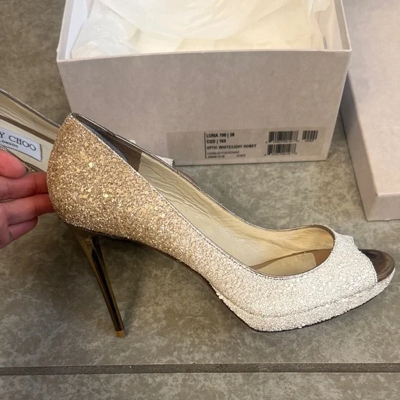 Jimmy Choo Gold/light honey and optic white Peep-Toe Heels ( Luna 100)
